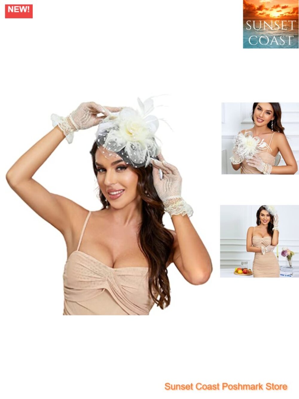 Women's Fascinator Hat Set with Lace Bowknot Gloves for Wedding Cocktail Tea